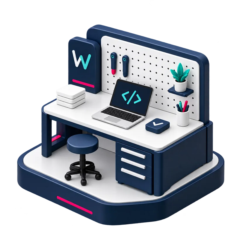 WORKAI OUT AI-Coding-Werkbank mit Laptop, Werkzeugen und Prüfsymbol: ein Bild für Entwurf, Umsetzung und Test.