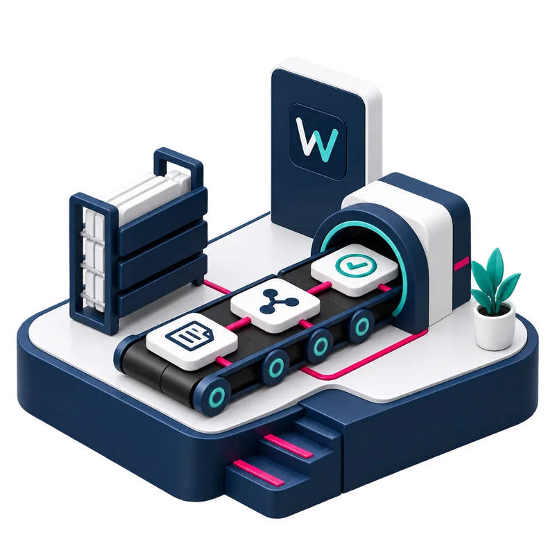 WORKAI OUT Workflow-Station: Unterlagen am Anfang, Bearbeitung auf dem Förderband und ein Kontrollpunkt am Ende.