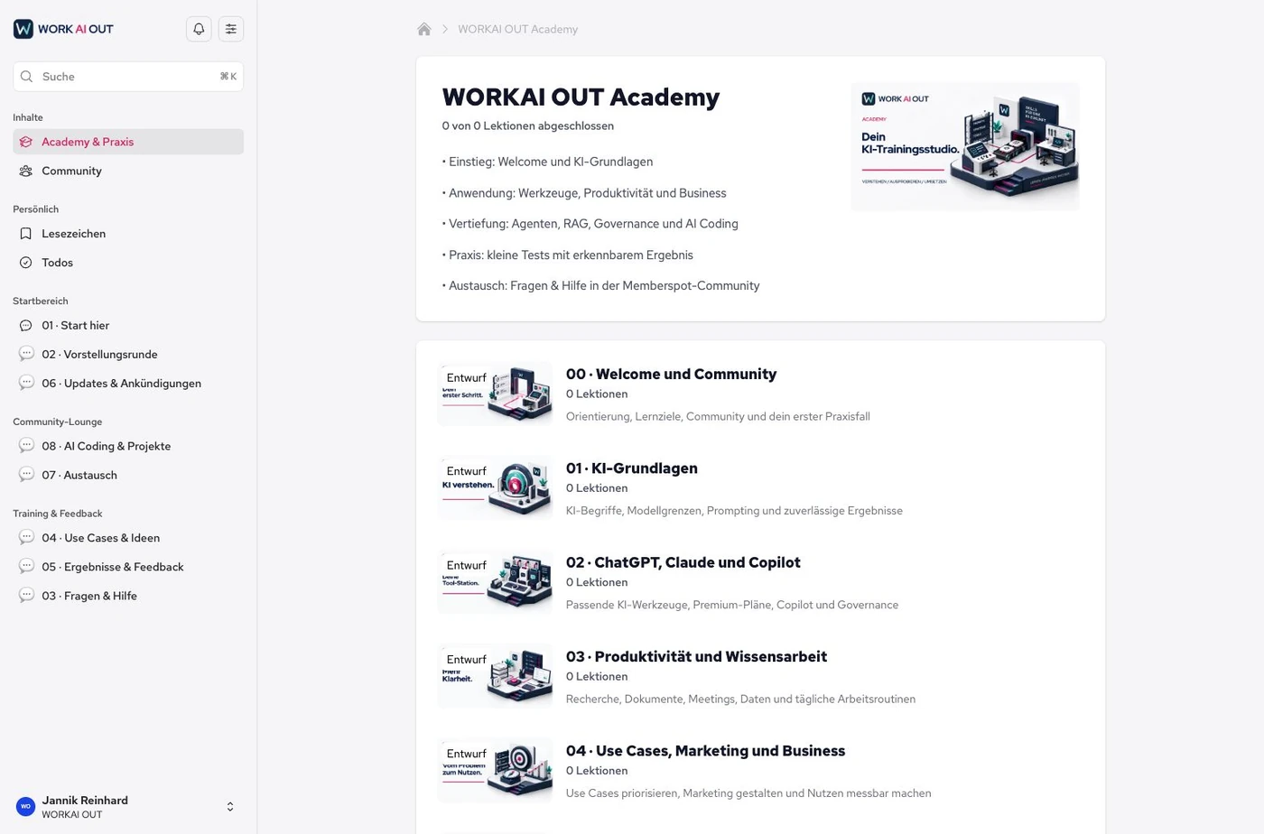 Real Memberspot course overview with welcome, AI foundations and tool chapters; the chapters shown are marked as drafts.